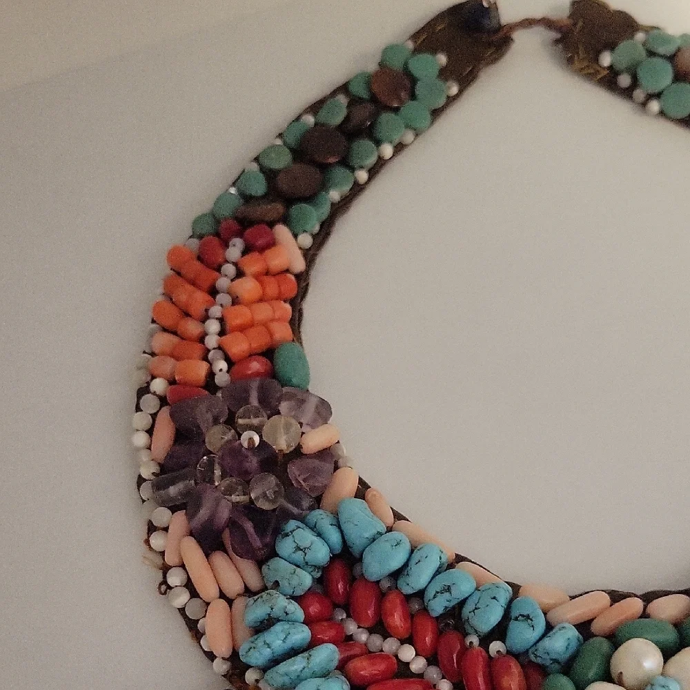 Hand Stitched Vtg Turquois,Red,Pink Coral,Fresh Pearls, Amethyst, Lapis gemstone - Picture 3 of 7